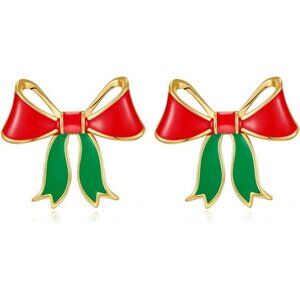 Christmas Bow Earrings | Red & Green Gold Plated Studs | Festive Holiday Jewelry